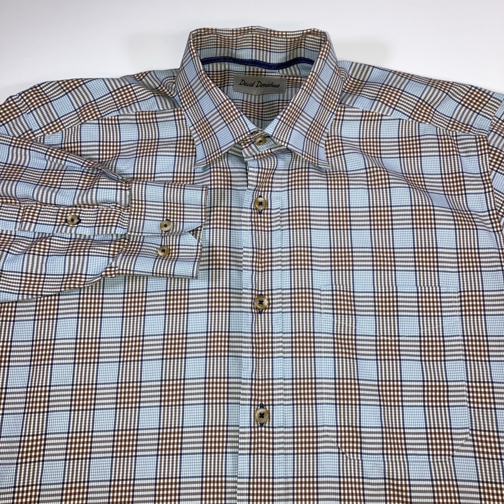 David Donahue Shirt Mens M Blue Brown Patchwork Plaid Button Down Cotton - Picture 2 of 16